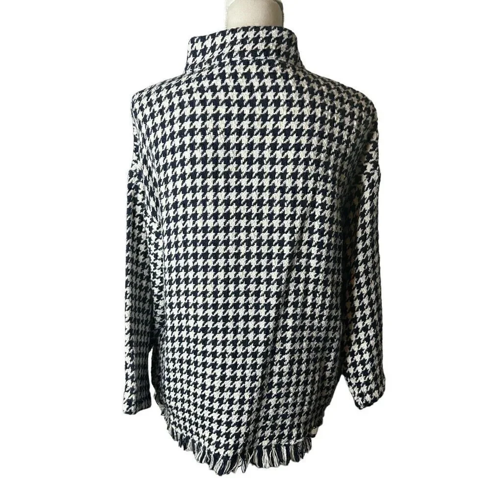 ZARA Blue & White Houndstooth High Neck Sweater Top Sz XS